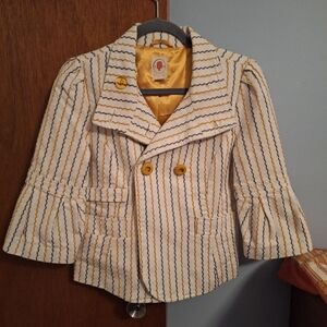 Tulle Zig Zag Striped Yellow/Blue/Cream Women's Dress Coat Bell Sleeves Size M